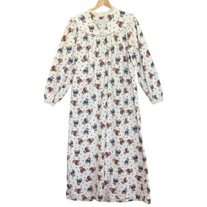 Vintage Lanz Of Salzburg Flannel Teddy Bear Lace Long Nightgown Womens Size L